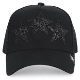 Vintage Havana Black Trucker Hat for Women – Canvas & Mesh Adjustable Snapback Baseball Cap With 3 Black Glitter Stars
